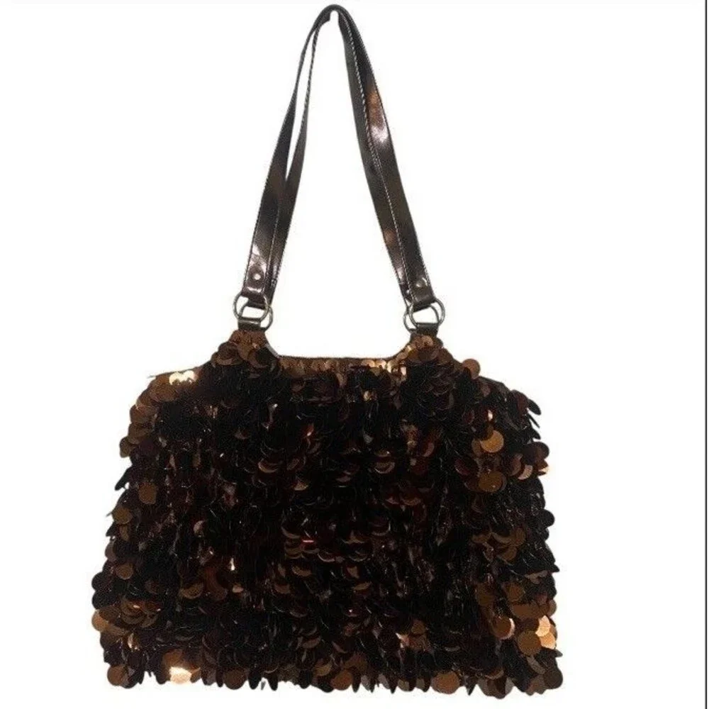 Y2K  2000s Brown Sequin Beaded Shoulder Bag Festival Shoulder Purse Vintage